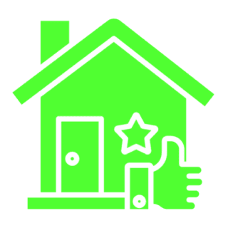 Green house icon with star and thumbs up.