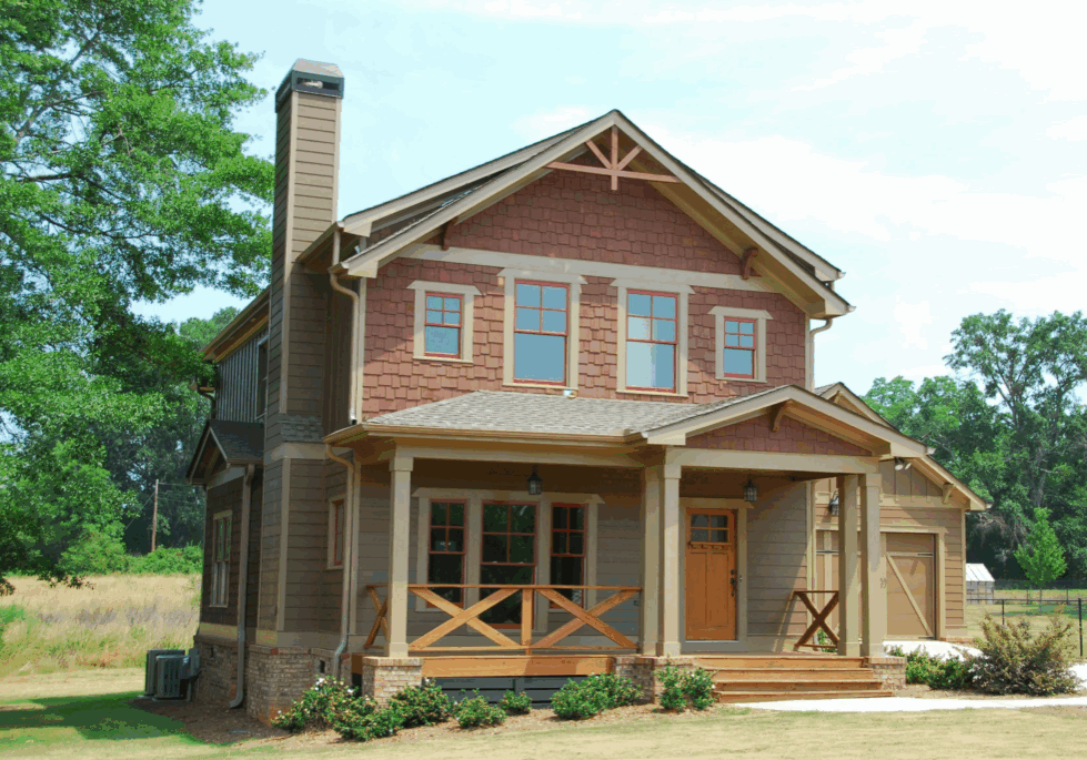 A house with a porch and a wooden door.