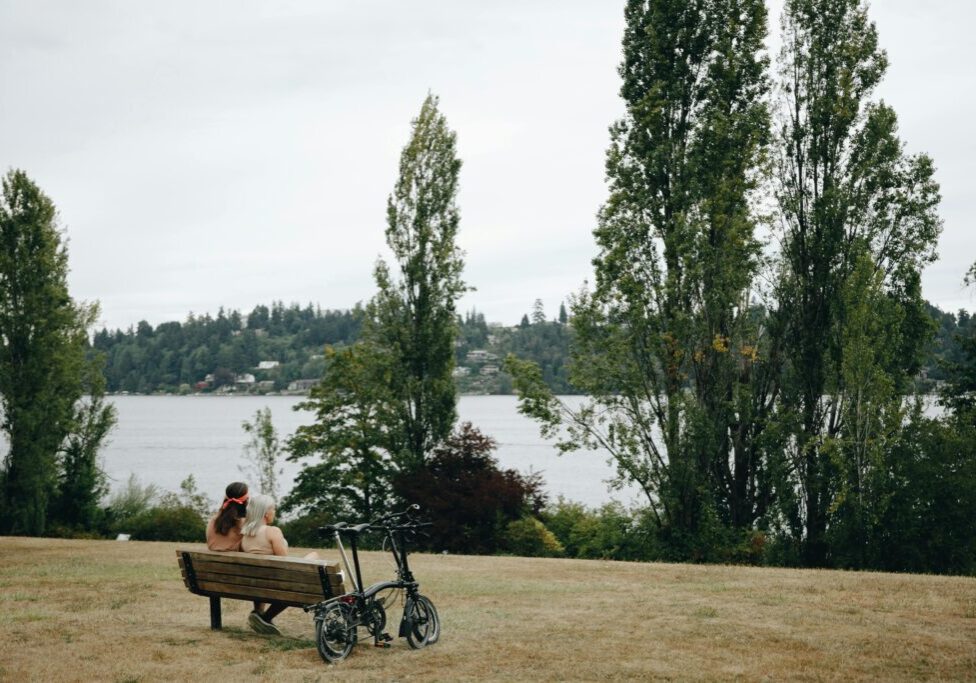 A woman sitting on top of a bench next to trees.
